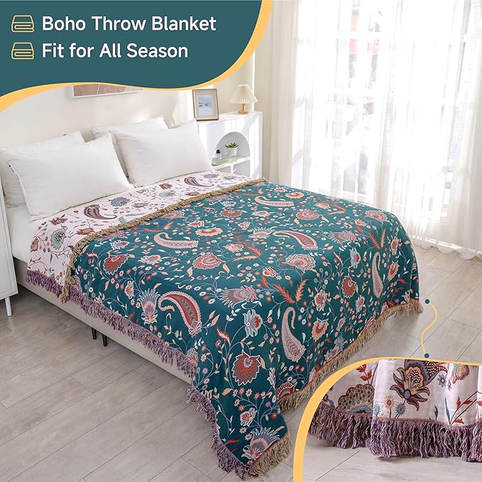 Boho Large Cotton Throw Blanket 80''x90'',Ultra Soft Rustic Quilt,Sofa Throw Cover with Tassels,Farmhouse Lightweight Knitted Throw for Bed,Travel,Couch,Home Decor-Ruum Studio Home