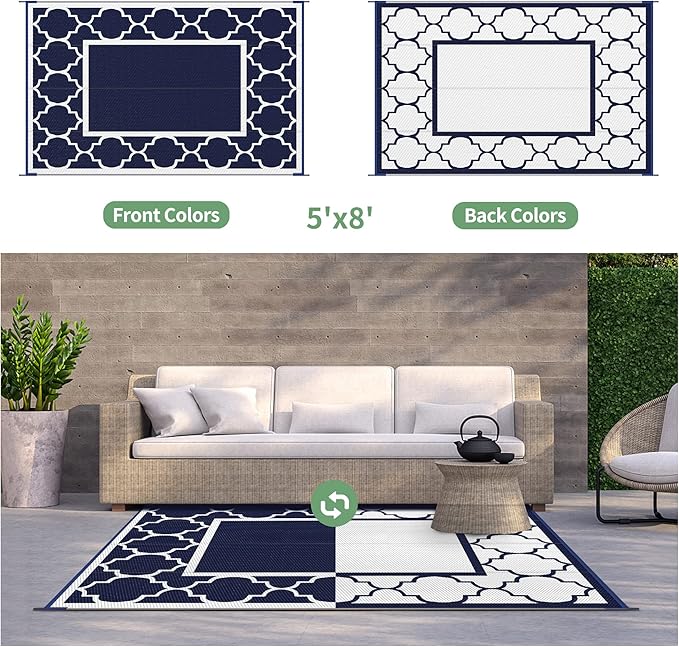 GENIMO Outdoor Rug Waterproof for Patio Decor, 5'x8' Reversible Plastic Straw Rug Carpet, Camping Mats for Outdoor, RV, Backyard, Deck, Balcony, Picnic, Blue & White-Ruum Studio Home