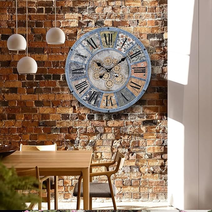 Unique Moving Gear Large Wall Clock - Battery Powered. Retro Industrial Steampunk Country Farmhouse Decor for The Living Room Kitchen Bars cafes and Offices (Blue/Metal/Round)-Ruum Studio Home