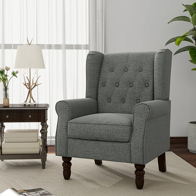 Accent Chair, Upholstered Armchair with Button Tufted High Back & Solid Wood Legs, Comfy Wingback Reading Single Sofa Chair for Small Spaces, Living Room, Bedroom (Grey, Set of 1)-Ruum Studio Home