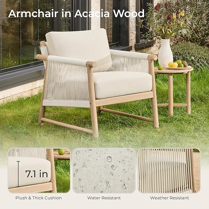 CHITA Boho Patio Rattan Chair, Outdoor Wicker Chair with 7.1″ Thickened Cushions Acacia Wood Frame(Cream)-Ruum Studio Home