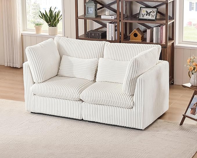 Oversized Modular Sofa, Extra Deep Cloud Corduroy Sectional Couch with Ottoman Chaise, Fluffy Corduroy 2 Seater Sofa Bed for Living Room, Villa (Loveseat Sofa, Corduroy White)-Ruum Studio Home