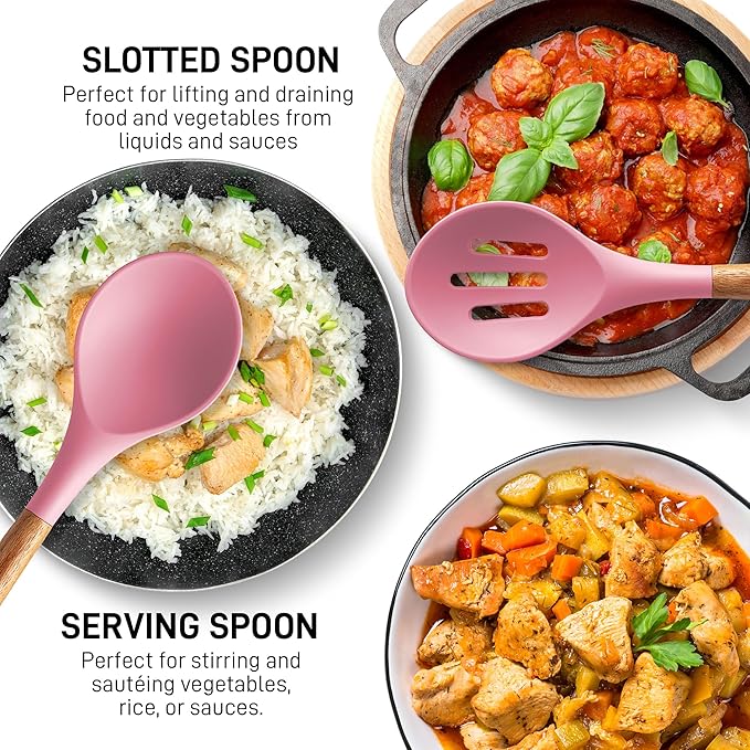 Zulay Kitchen Non-Stick Cooking Utensils Set with Authentic Acacia Wood Handles – 5-Piece Durable & Stylish Silicone Kitchen Utensils Set – Heat Resistant to 464°F – Pink-Ruum Studio Home
