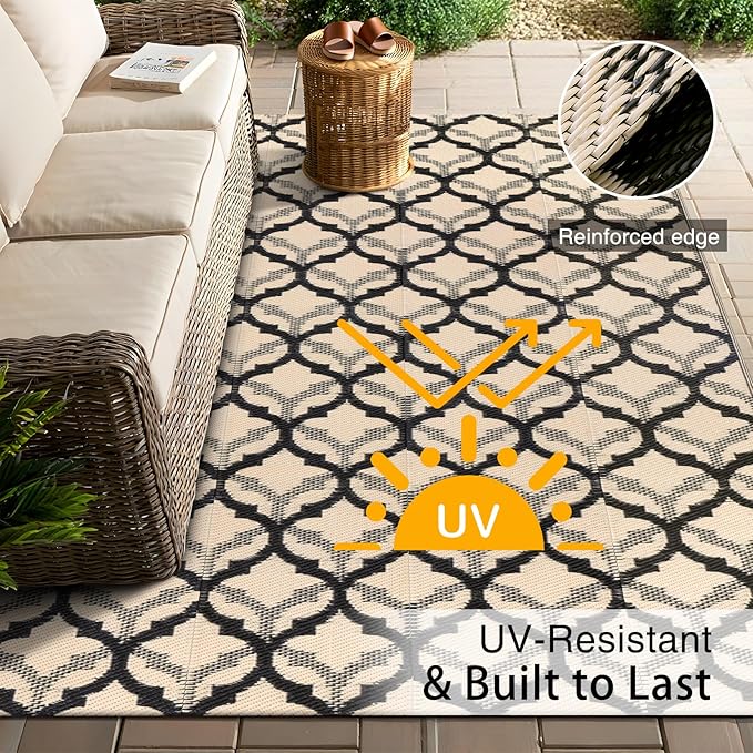OLANLY Reversible Outdoor Rug 5x8 ft Clearance, Waterproof Outdoor Plastic Straw Rug with Interlacing Pattern, RV Mat for Patio, Camping, Balcony, Deck, Backyard, Black & Beige-Ruum Studio Home