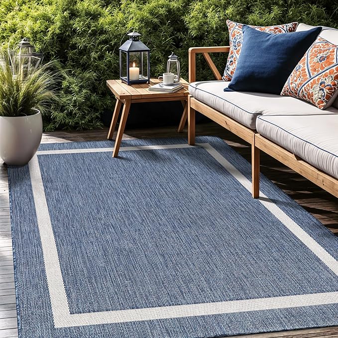 Bordered Outdoor Rug 9x12 Washable Outside Carpet for Indoor Patio Porch Waterproof Easy Cleaning Non Shedding Area Rugs Blue 9 x 12-Ruum Studio Home