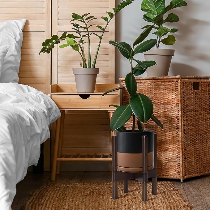 D'vine Dev Ceramic Planter with Walnut Color Stand - 8 Inch Modern Round Flower Pot with Wood Planter Holder, Black/Speckled Tan, 55-B-Y-7-Ruum Studio Home