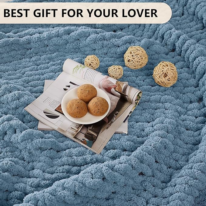 L'AGRATY Chunky Knit Blanket Throw: 60''x80'' Chenille Chunky Knitted Throw Blanket for Bed Couch - Handmade Thick Big Cable Knit Blanket - Large Crochet Rope Blanket for Home Decor(Airy Blue)-Ruum Studio Home
