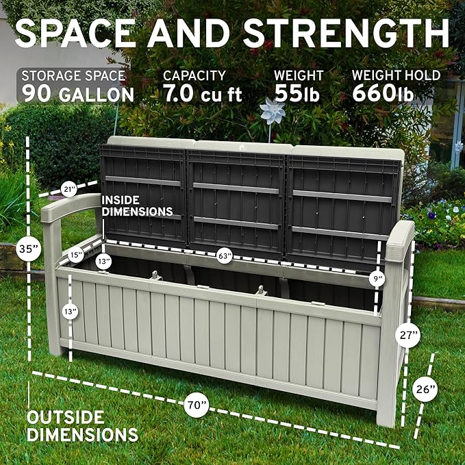EconoHome 3 Seat Outdoor Storage Bench - 90 Gallon Capacity - Weatherproof Resin Bench for Patio, Porch, Garden, Yard, Pool Area - Furniture for Pool Accessories, Gardening Tools, Toys-Ruum Studio Home