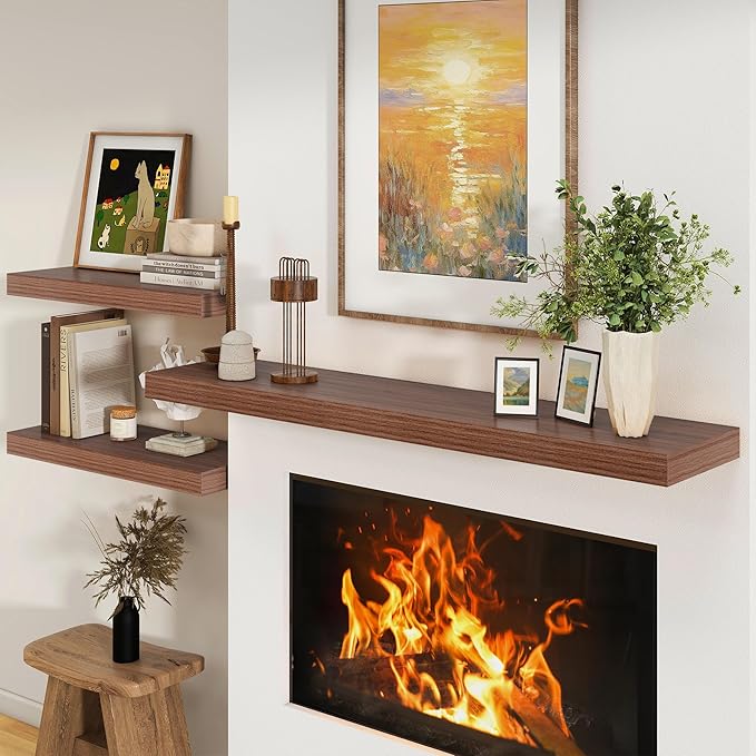 Deep Floating Shelves for Wall - 55 Inch Wide x 12 Inch Deep Wall Shelves Set of 1 - Rustic Walnut Color Wood Shelves for Living Room, Bathroom, Laundry Room, Bedroom, Kitchen, Home Office-Ruum Studio Home
