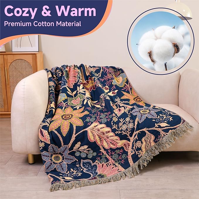 Boho Large Throw Blanket for Bed -100% Cotton Colorful Bed Throw, Ultra Soft Farmhouse Decor Bedding,80" x 90" Travel Blanket Rustic Throw for Picnic Sofa Couch Chair White&Blue-Ruum Studio Home