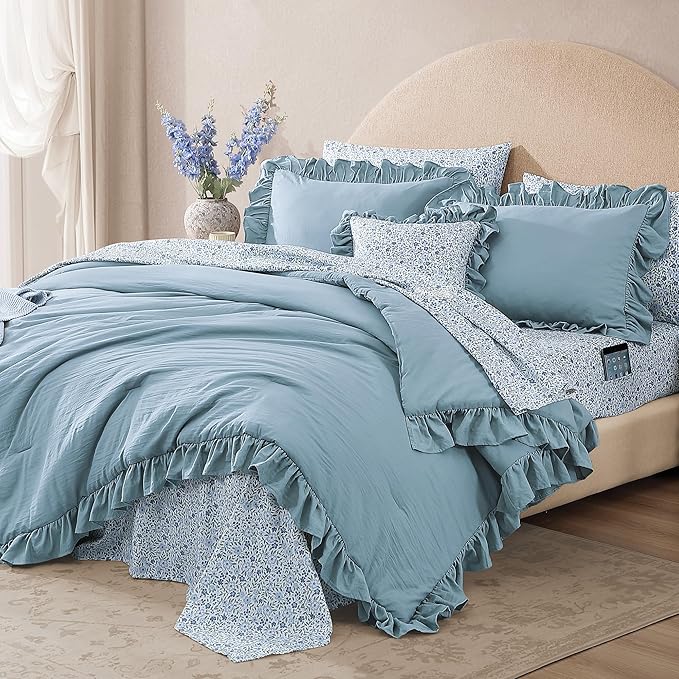 King Comforter Set - 7 Pieces Ruffle Blue Bedding Sets, Shabby Chic Farmhouse Bed in a Bag King with Ruffle Comforter, Floral Sheets, Pillowcases & Shams-Ruum Studio Home