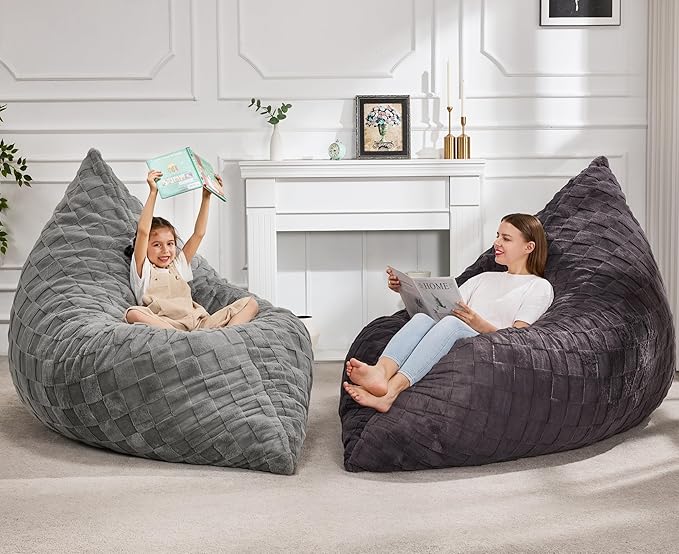 Hobestluk 3 in 1 Bean Bag Chair Giant Bean Bag Chairs for Adults with Plaid Cover Convertible Bean Bag Floor Cushion with Machine Washable Cover for Living Room (Plaid Dark Grey)-Ruum Studio Home
