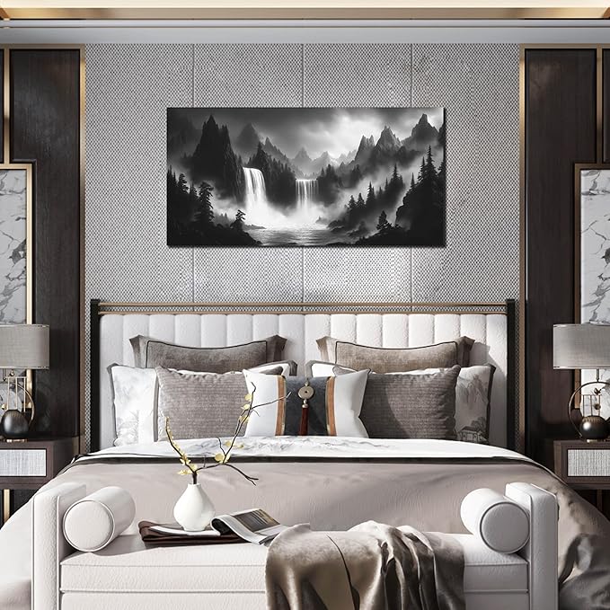 Mountain Wall Pictures for Living Room Decor - Black and White Wall Art Bedroom - Waterfall Canvas Wall Art for Office Size 20" x 40"-Ruum Studio Home