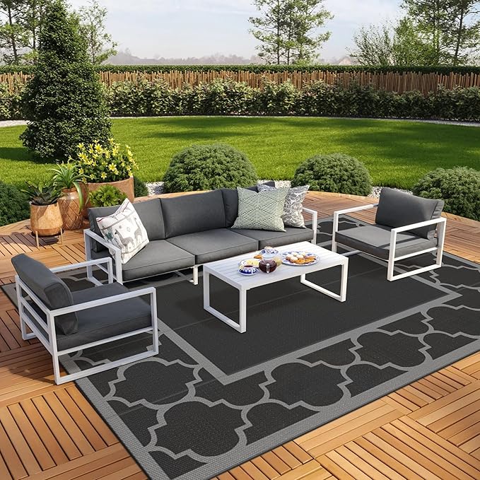 GENIMO 10 ' x 14 ' Outdoor Rug Waterproof for Patio Decor, Foldable Reversible Plastic Straw Area Rugs Mat for Camper, Outside Carpet for Rv, Deck, Porch, Picnic, Beach, Balcony, Black & Grey-Ruum Studio Home