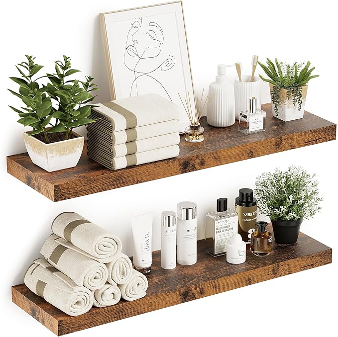 Floating Shelves 10 inches Deep, Long 36 x 10 x 1.8 Wall Shelves for Bedroom, Living Room, Kitchen, Office, Bathroom Farmhouse Shelf Home Decor with Invisible Bracket, Rustic Brown-Ruum Studio Home