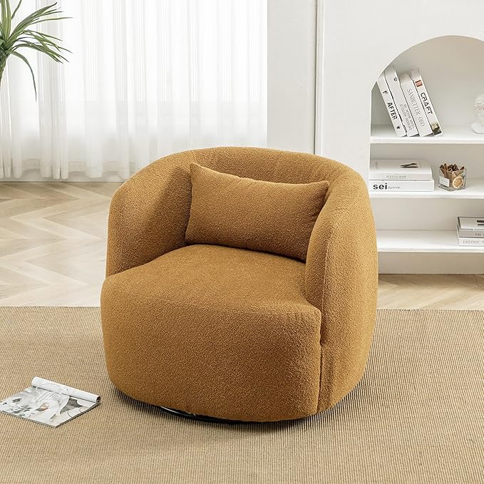 KINWELL 34" Wide Boucle Swivel Barrel Chair, No Assembly Round Upholstered Armchair Accent Chair Single Sofa Chair with Toss Pillow for Living Room and Bedroom, Brown-Ruum Studio Home
