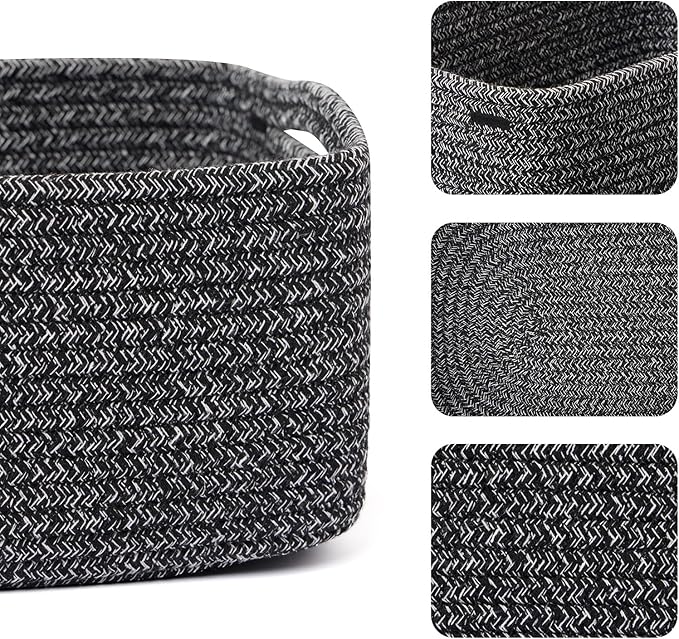 Small Storage Baskets for Organizing | Closet Organizer Bins | Shelf Toy Basket | Woven Rope Baskets | Cube Decorative Box | Shallow Basket | 13x8.5x5.1” | 4 Packs Dark Gray-Ruum Studio Home
