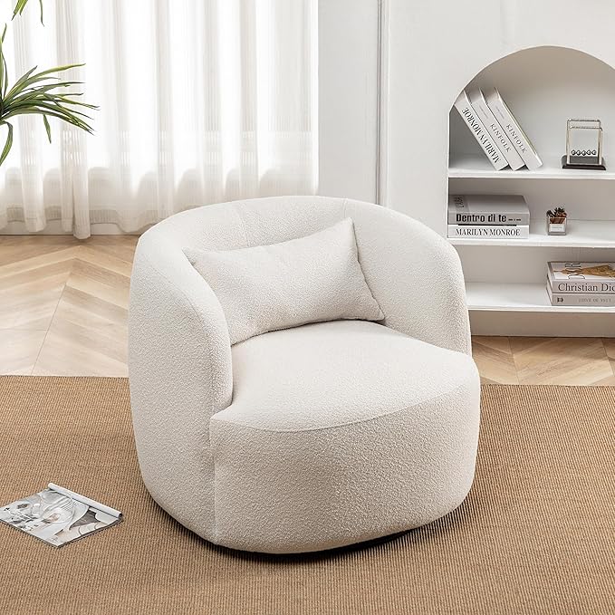 KINWELL 34" Wide Boucle Swivel Barrel Chair, No Assembly Round Upholstered Armchair Accent Chair Single Sofa Chair with Toss Pillow for Living Room and Bedroom, Beige-Ruum Studio Home