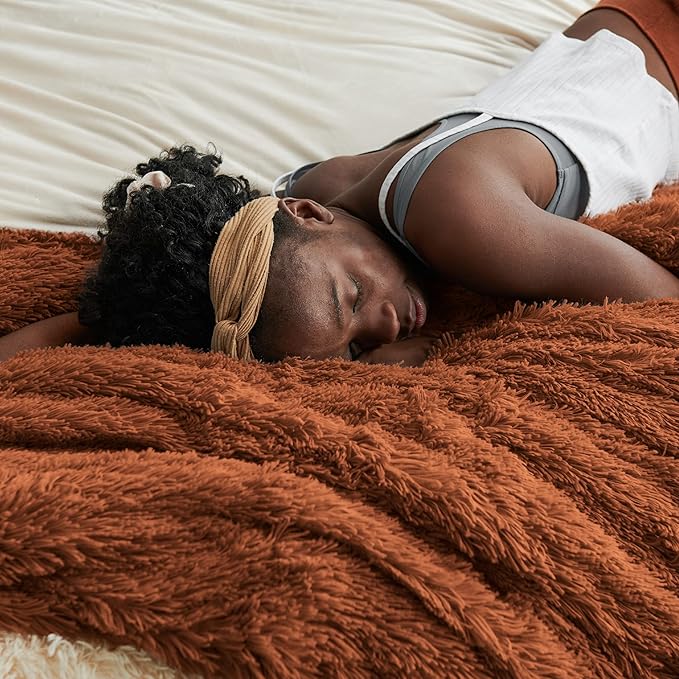 Bedsure GentleSoft Fluffy Burnt Orange Blankets Queen Size for Bed, Cozy Thick Sherpa Faux Fur Fleece Fuzzy Plush Winter Warm Soft Full Queen Blankets, Bedroom Decor Orange Gifts for Women Men, 90x90-Ruum Studio Home