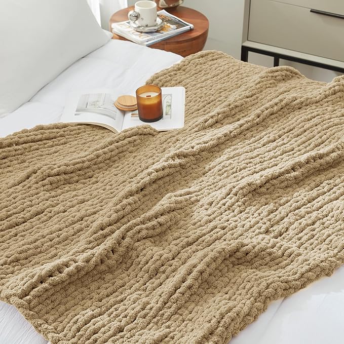Amélie Home Chunky Knit Throw Blanket for Couch, Soft Chenille Crochet Blanket for Sofa, 50"x60", Beige-Ruum Studio Home