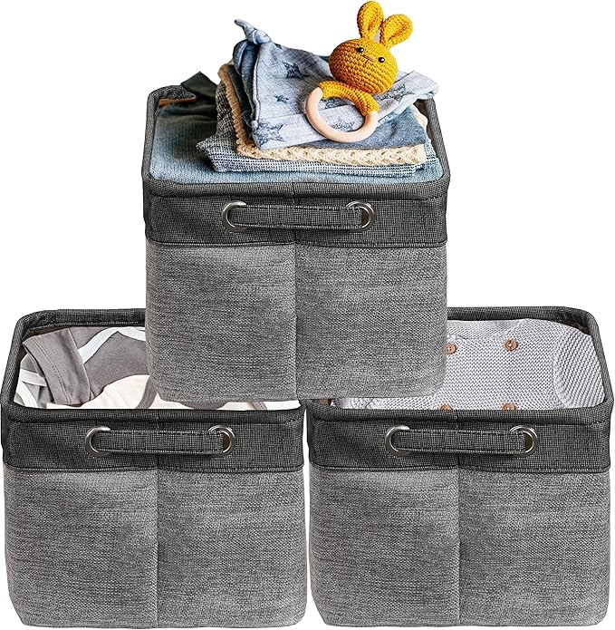 SIMPLE HOUSEWARE Large Fabric Storage Bin, 14.4" x 10" with Handles, 3-Pack, Foldable Organizer for Closet and Shelf, Dark Gray-Ruum Studio Home