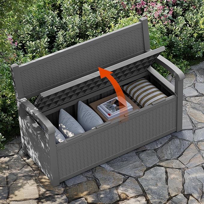70 Gallon Outdoor Storage Box, Resin Patio Furniture with Armrest, Lockable Deck Box with Waterproof and UV Resistant for Patio Cushions, Garden Tools and Pool Supplies, Grey-Ruum Studio Home