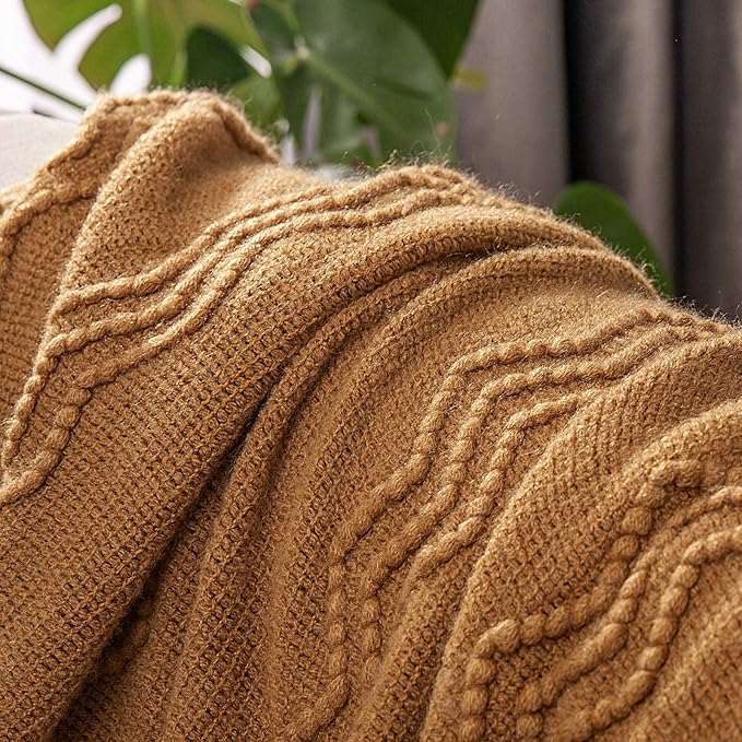 MIULEE Knitted Brown Throw Blanket for Couch,Boho Bed Decor Knit Outdoor Blankets Throw Size with Tassels Cozy Woven for Sofa Home Chair Wave Pattern 50" x 60" Inches-Ruum Studio Home