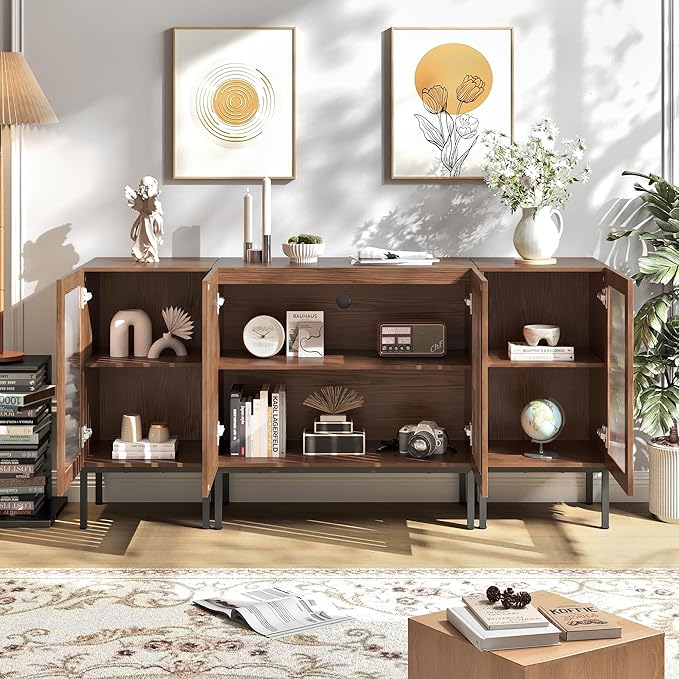 Farmhouse TV Stand for TVs up to 70 Inch, Entertainment Center TV Console with Storage Cabinets and Glass Doors,Media Console for Living Room,Brown-Ruum Studio Home
