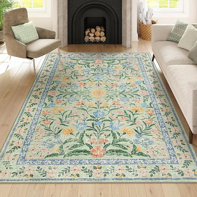 Wonnitar Washable Floral 6x9 Rug, Soft Green Area Rug Boho Non Slip Dining Room Carpet, Non-Shedding Flower Floor Carpets for Kids Bedroom Living Room Dorm Playroom-Ruum Studio Home