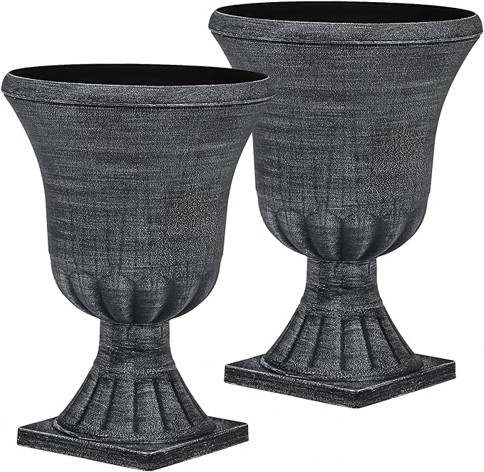 22" Timeless Urn Planters for Outdoor Plants, Set of 2 Plastic Large Flower Pot with Handmade Washed Black Finish, Weather-Resistant for Porch, Garden, Patio or Indoor Use-Ruum Studio Home