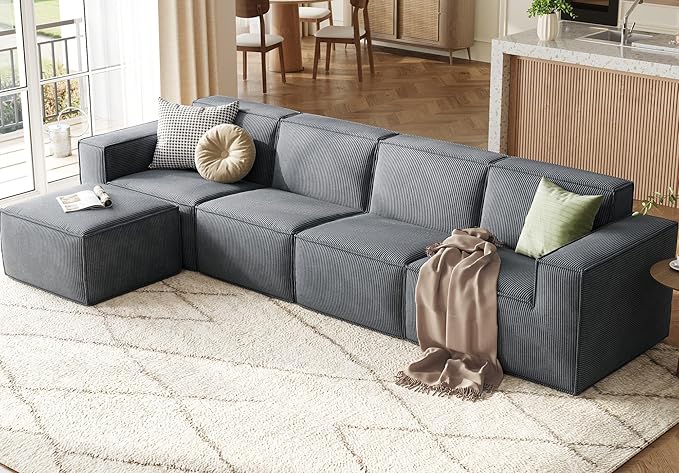 LINSY HOME Modular Sectional Sofa, 134" Boneless Couch L Shaped 4-Seat Sofa with Movable Ottoman, Corduroy Sectional Cloud Couches for Living Room, No Assembly Required, Bluish Grey-Ruum Studio Home