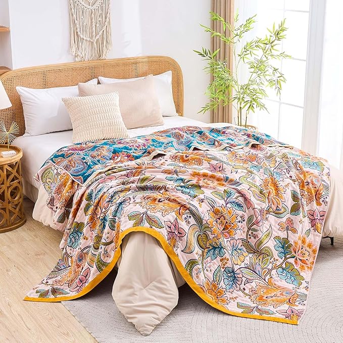 Boho Throw Blanket for Bed, 100% Cotton Soft Rustic Quilt Fall Blanket, 80"x90" Floral Printed Farmhouse Decor Bed Blankets, All Season Rustic Reversible Bohemian Throw Quilt-Ruum Studio Home