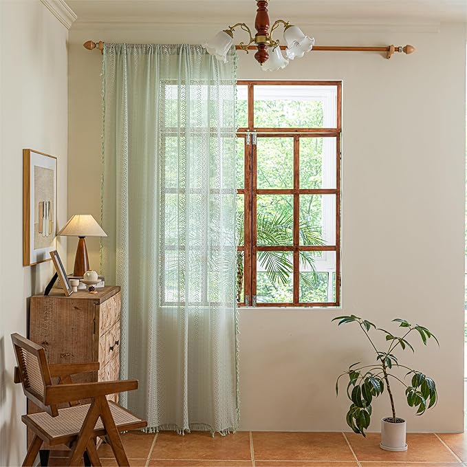 Sutuo Home Boho Curtains for Bedroom Dining Room, Bohemian Crochet Lace Hollow Knitted Handmade Tassels Vintage Rustic Window Treatment Farmhouse Drapes, 1 Panel Rod Pocket 59" W x 96" L, Mint Green-Ruum Studio Home