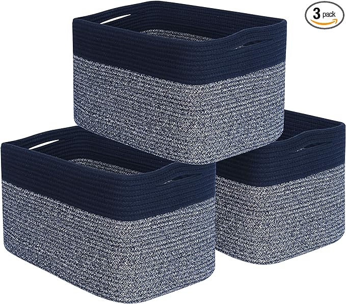MINTWOOD Design 3-Pack Storage Baskets for Shelves, Playroom and Classroom, Book Basket, Decorative Storage Cube Bins, Woven Closet Organizers, Pantry and Shoe Organizer, Navy Blue-Ruum Studio Home