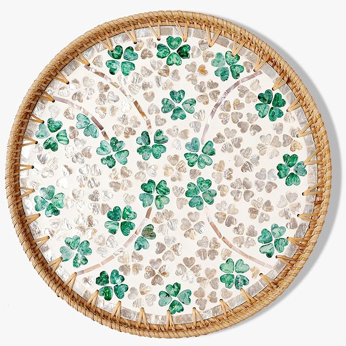 Round Rattan Tray with Mother of Pearl Inlay & Wooden Base - Decorative Wicker Serving Tray for Coffee/Bread/Fruits, Food Storage & Display - Multipurpose Home Decor (M,Four-Leaf Clover)-Ruum Studio Home
