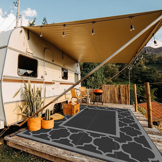 GENIMO 10 ' x 14 ' Outdoor Rug Waterproof for Patio Decor, Foldable Reversible Plastic Straw Area Rugs Mat for Camper, Outside Carpet for Rv, Deck, Porch, Picnic, Beach, Balcony, Black & Grey-Ruum Studio Home