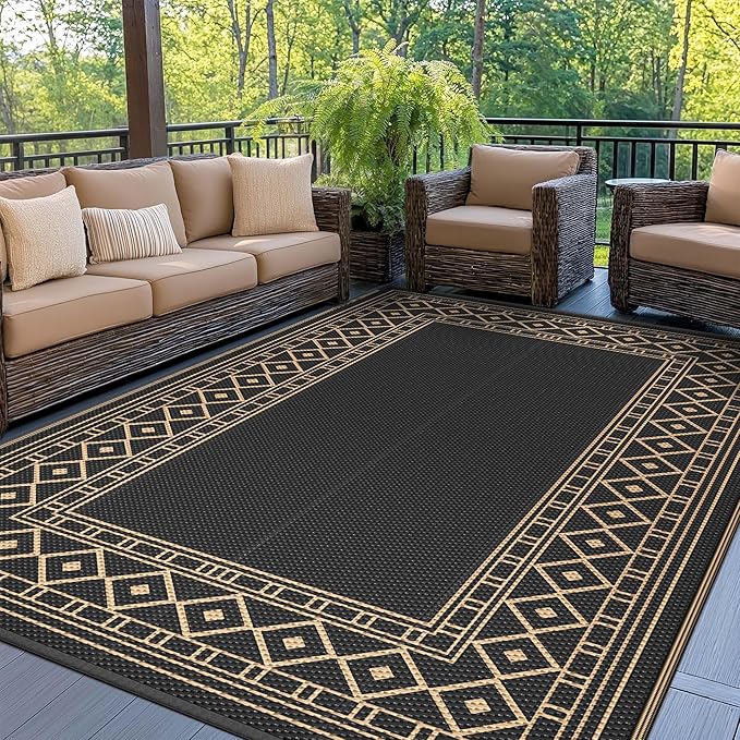 GENIMO Outdoor Rug Waterproof 9'x12' for Patio, Foldable Reversible Plastic Straw Carpet for Travel Trailers, Outside Area Mat for Rv, Deck, Picnic, Porch, Camper, Balcony, Beach, Black & Brown-Ruum Studio Home