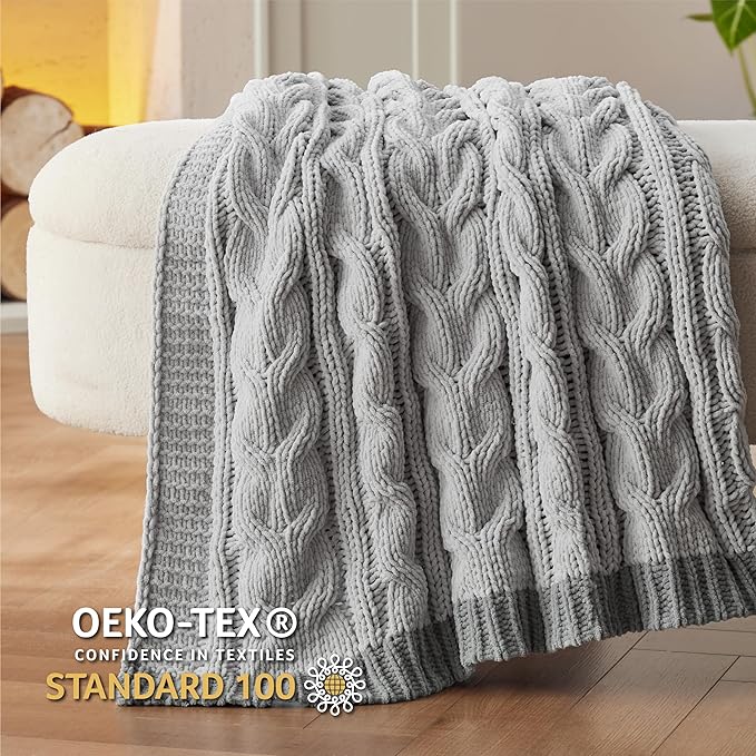 Bedsure Cable Knit Throw Blanket for Couch Bed - Breathable Chenille Chunky Knit Throw Blanket for Decorative Gift, GentleSoft Cozy and Warm for Winter and All Seasons, Grey, 50x60 Inches-Ruum Studio Home