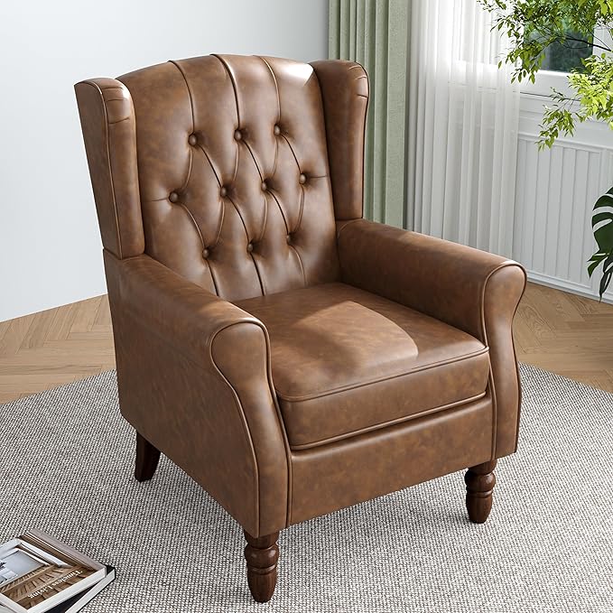 High Back Accent Chair,Upholstered Faux Leather Wingback Armchair with Solid Wood Legs for Small Spaces,Comfy Single Sofa Chair for Living Room,Bedroom,Office-Brown-Ruum Studio Home