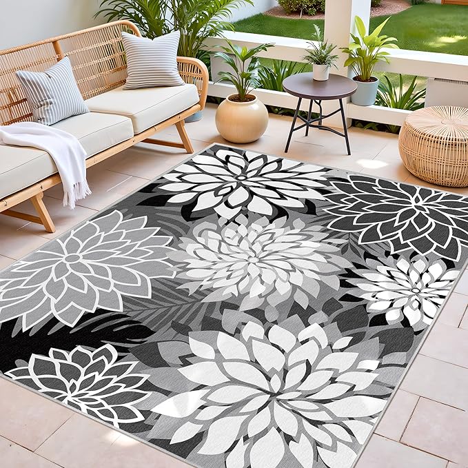 Indoor Outdoor Area Rug Washable Multicolored Rug Tropical Botanical Modern Floral Indoor Outdoor Carpet Black White Rug Non Slip Non Shedding for Patio, Deck, Backyard, Porch (5x8)-Ruum Studio Home