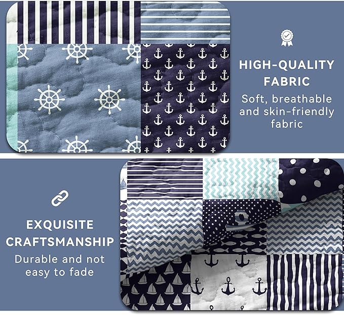 Nautical Bedding Queen Size Coastal Quilt with 2 Shams, Coastal Beach Comforter Sets Ocean Bedspreads Coverlet Summer Bedding, 90''x96''-Ruum Studio Home