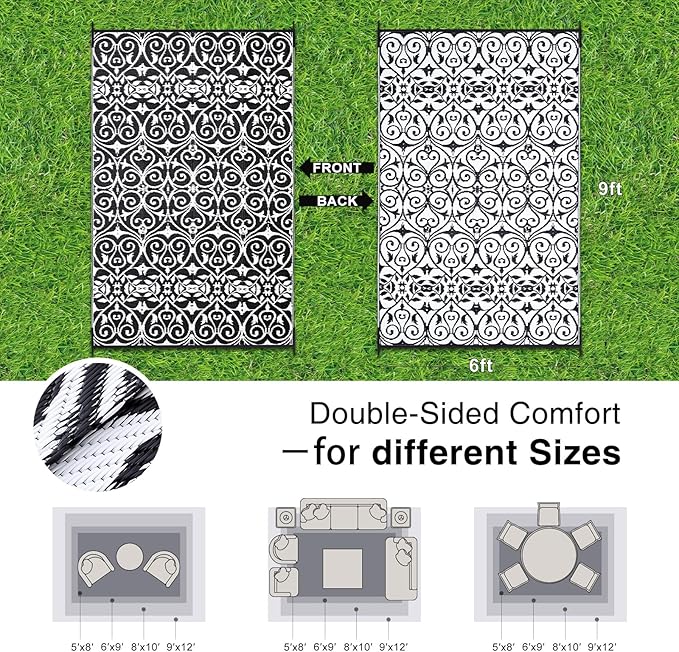 OLANLY Outdoor Rug Waterproof 6x9 ft Clearance, Reversible Outdoor Plastic Straw Rug with Floral Pattern, RV Mat for Patio, Camping, Balcony, Deck, Backyard, Black & White-Ruum Studio Home