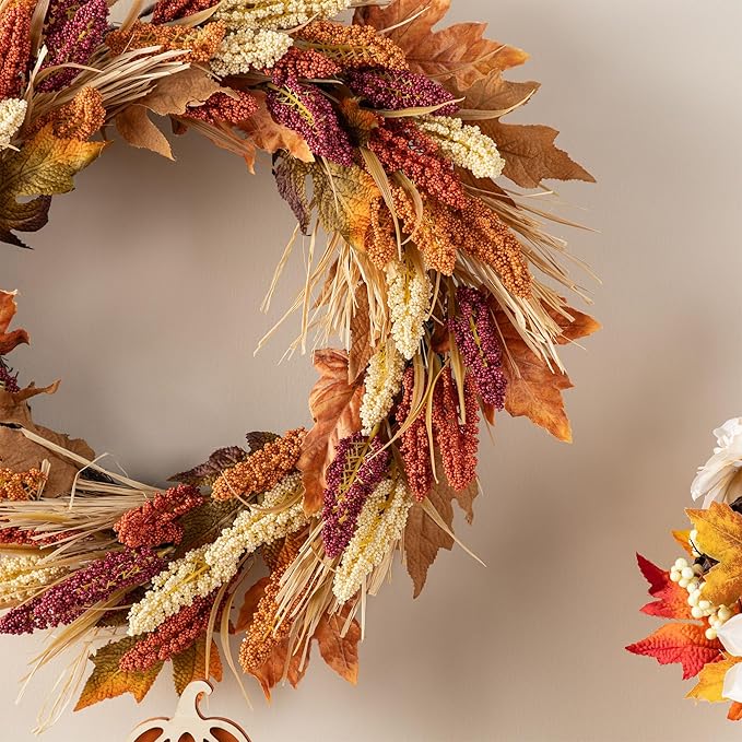 Glitzhome 24" D Fall Sorghum Wreath with Metal Hanger, Harvest Wreath for Front Door, Fall Door Wreaths for Indoor Outdoor Thanksgiving Harvest Holiday Decorations-Ruum Studio Home