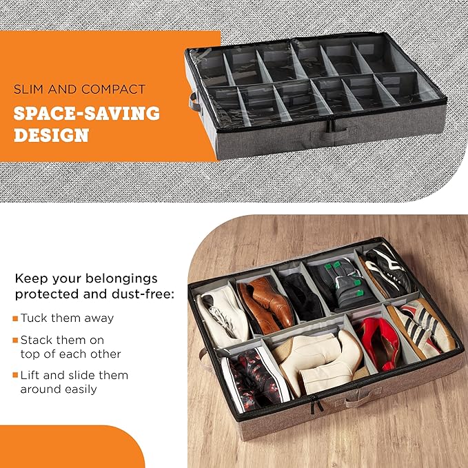 storageLAB Slim Under Bed Storage Containers, Closet Organizers with Sturdy Handles for Clothes, Comforters, and Accessories, Use Under or at the End of the Bed - 2 Pack, Dark Grey-Ruum Studio Home