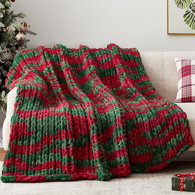 Chunky Knit Throw Blanket, 60''*80'' Knitted Throw Chenille Yarn for Bed Couch, Handmade Stripe Crochet Big Thick Blanket, Machine Washable Cute Comfy Blanket for Home Decor-Ruum Studio Home