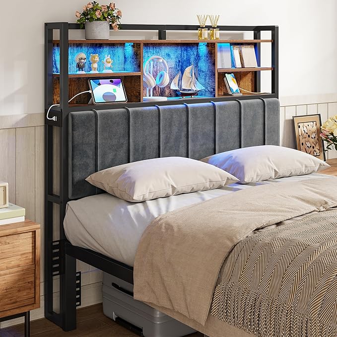 Headboard with 3-Tier Storage Shelves, Velvet Upholstered Head Board with 2 Outlets, USB Ports & LED Light, Soft Backrest for Full Size Bed, Rustic Brown and Black BH13801B-Ruum Studio Home