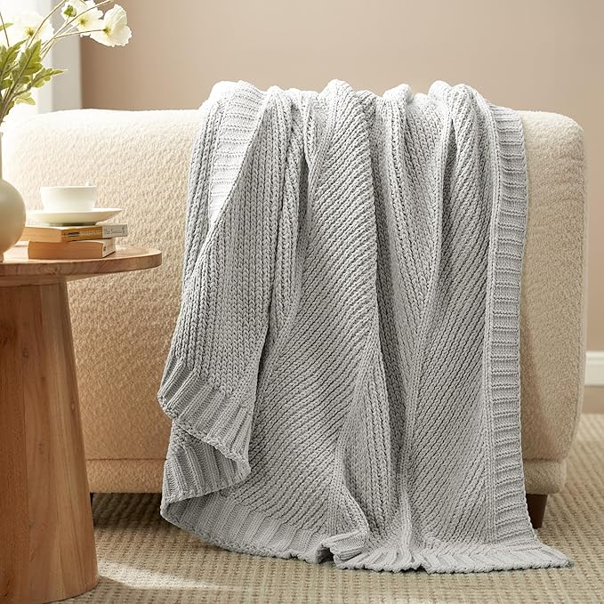 Amélie Home Chenille Knit Throw Blanket for Couch, Chevron Texture Decorative Soft Blanket for Sofa, Bed & Chair, 60"x80", Light Grey-Ruum Studio Home