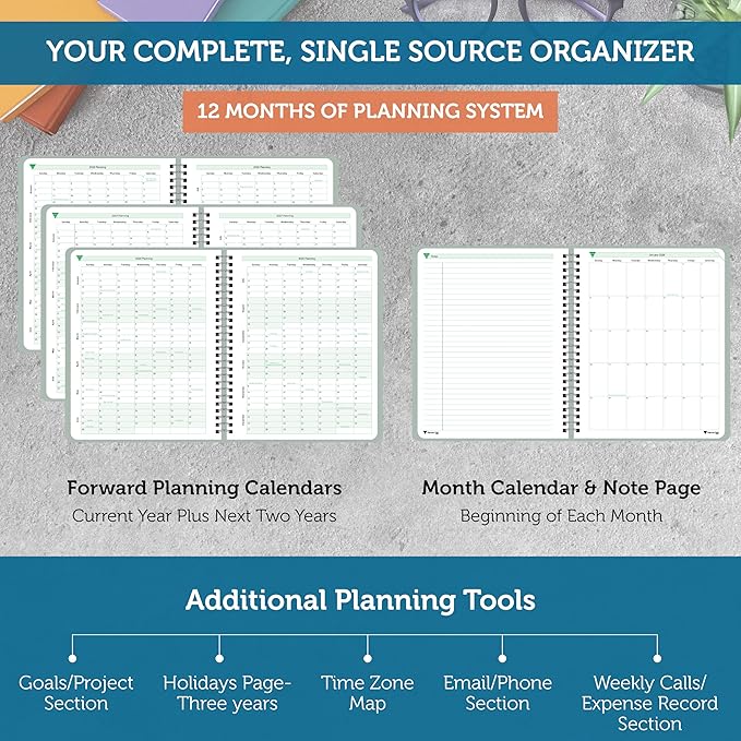 Planner Pad Spiral Bound January-December 2026/ Calender Year 8 1/2" x 11" Large 3-Tier Funnel Down 12 Month Organizer, Greenish Grey Cover/Soft Green Ink-Ruum Studio Home