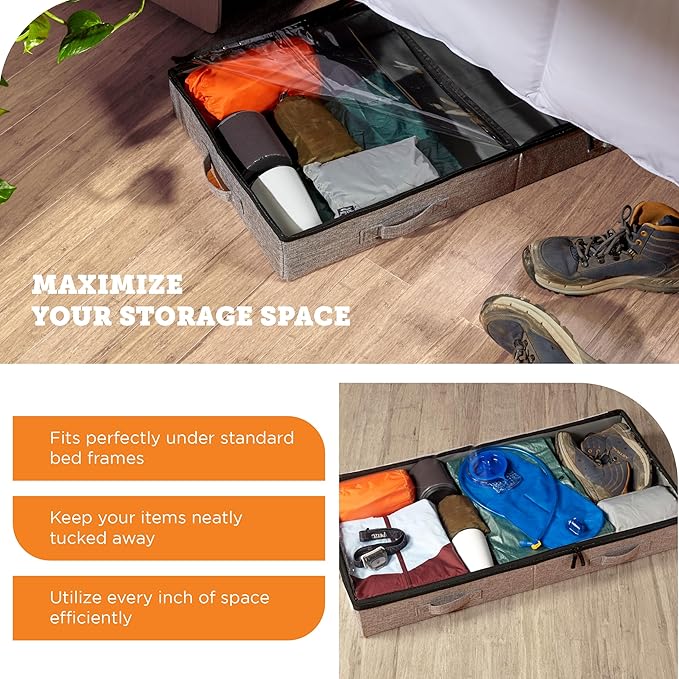 storageLAB Under Bed Storage Containers, Low Profile Underbed Organizers with Sturdy Handles, Dual Zippers, and Clear Windows, Ideal for Clothes, Pillows, and Blankets - 2 Pack, Low Profile, Gray-Ruum Studio Home