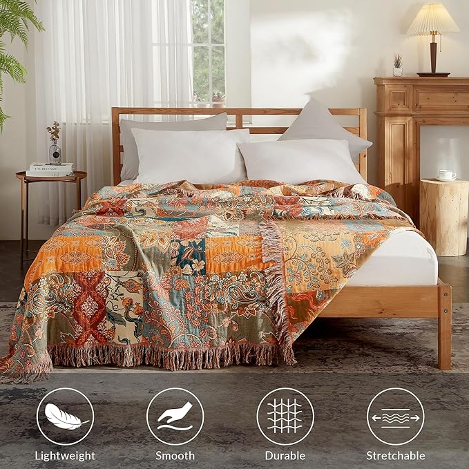 Boho Throw Blanket for Couch Sofa Bed, 100% Cotton Woven Quilt with Tassel 60”x80”, Super Soft Muslin Blanket with Floral Printed, Decorative Reversible Bed Blanket/Cover for All Seasons-Ruum Studio Home